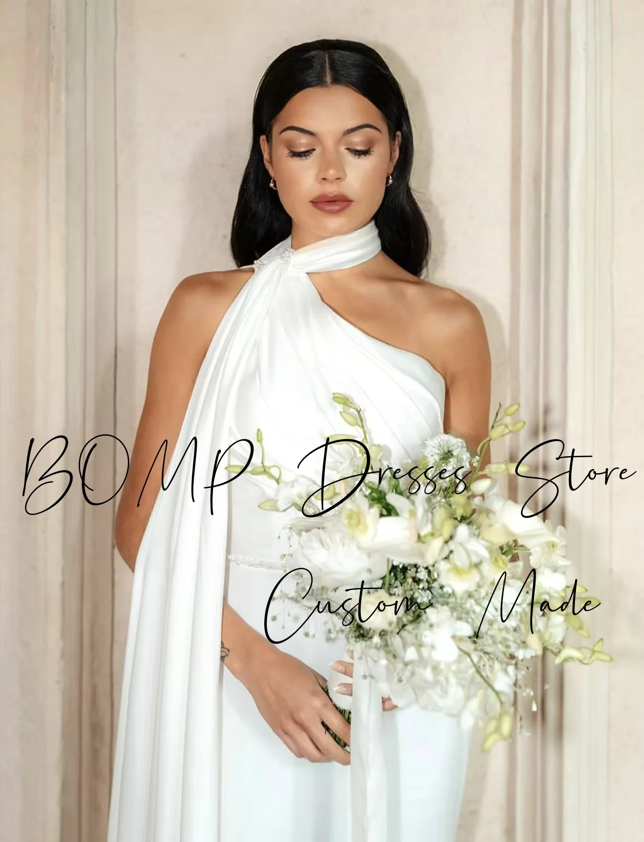 BOMP Elegante abito da sera bianco Sciarpa con scollo all'americana Sirena drappeggiato con strascico in raso Occasioni formali Abito da cerimonia nuziale personalizzato