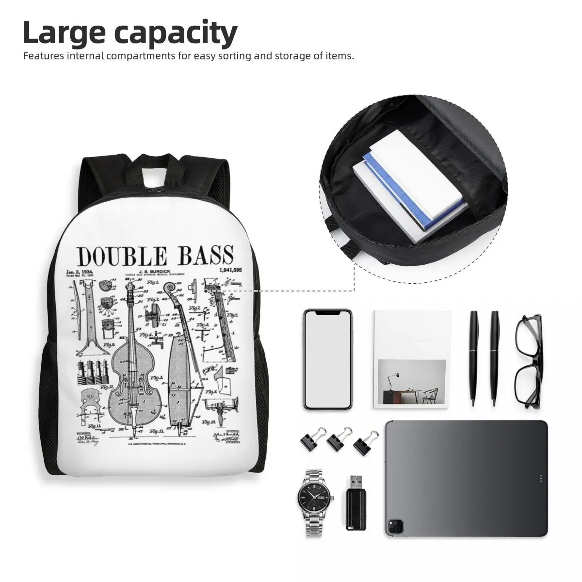 Double Bass Player Bassist Musical Instrument Vintage Patent Backpack Student Boys Girls BookBag School Bag Laptop Shoulder Bags