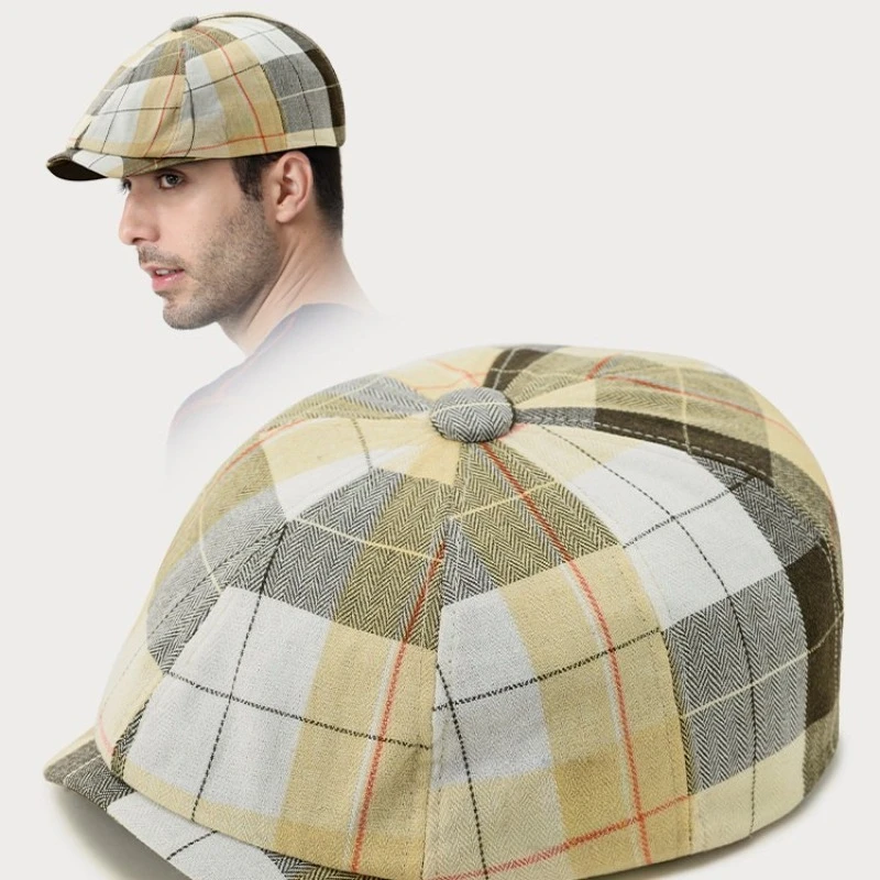 1 Stück Lässige Farbblock-Karo-Baskenmütze für Männer und Frauen, Künstlerische Schirmmütze, Dünnes Design, Britische Retro-Zeitungsjungenmütze für Frühling und Sommer – Detail 2