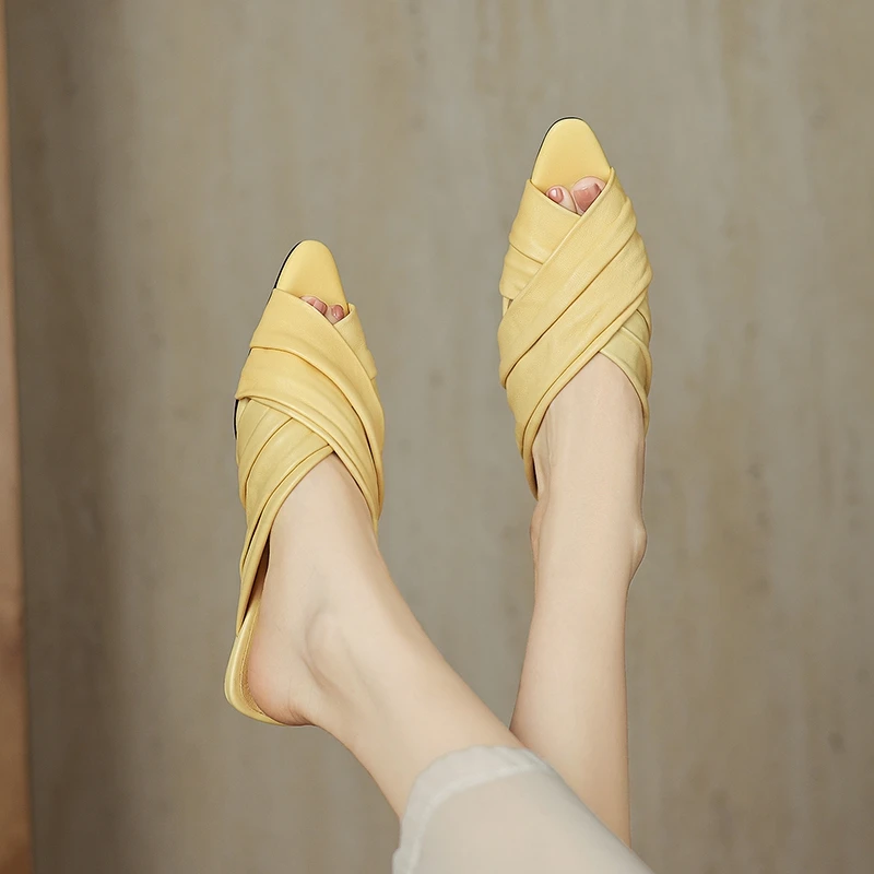 

Women's new summer leather sheepskin pointed toe low heel exposed toe soft and comfortable fish mouth shoes fashion slippers