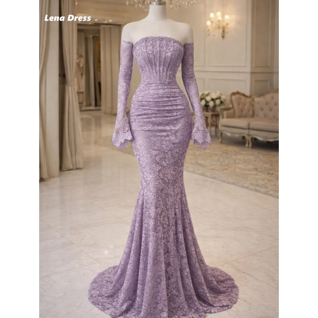

Lena Off the Shoulders Elegant Party Dresses Luxury Women Evening Dress Fish Tail Customized Long Sleeves Embroidered Lace Prom
