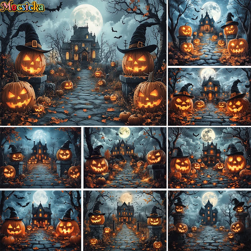 

Mocsicka Photography Background Horror Night Castle Halloween Pumpkins Kids Birthday Family Portrait Decor Backdrop Photo Studio