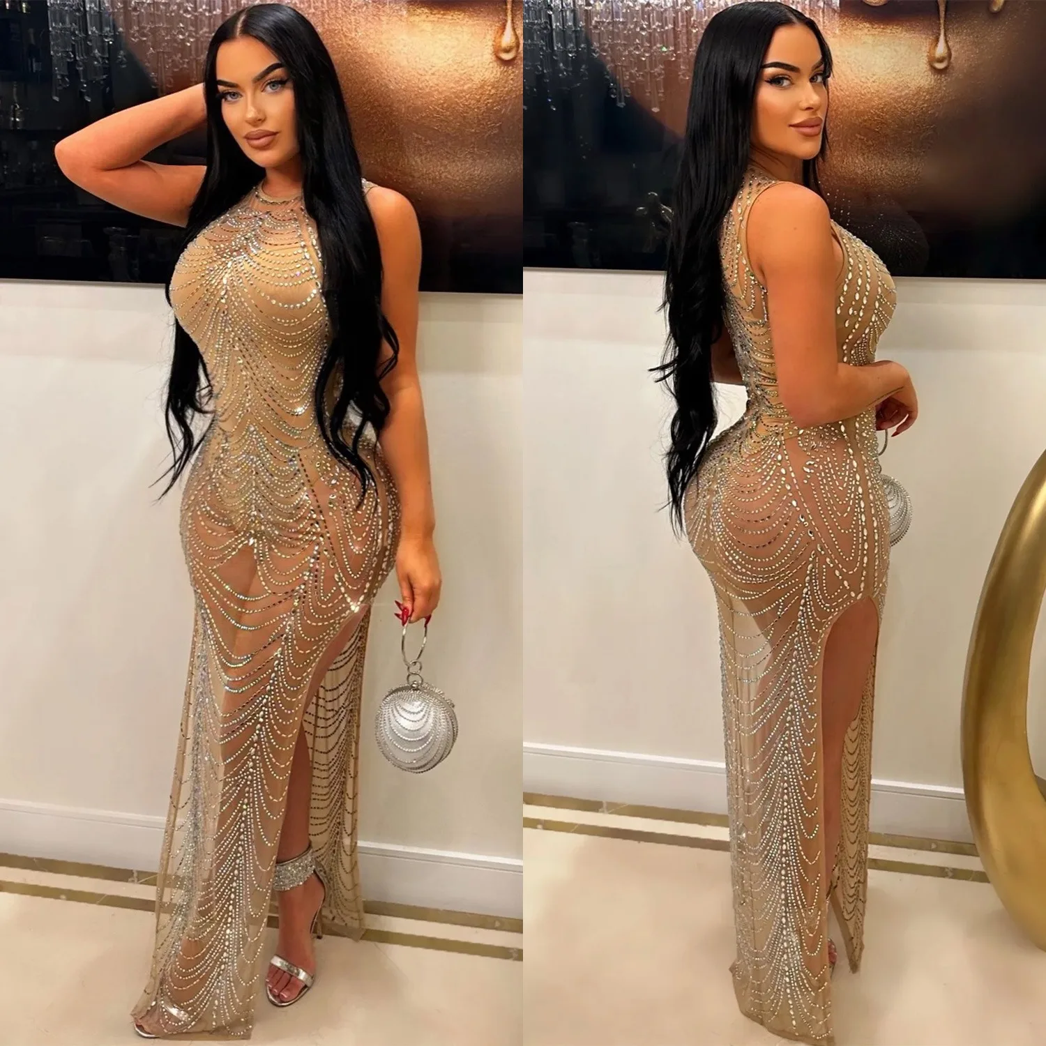 Abiti lunghi senza maniche con strass caldi in rete tinta unita per banchetti da discoteca sexy