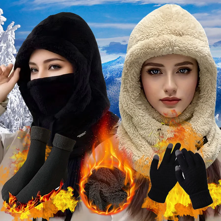 Juego de calcetines y guantes de pasamontañas de invierno de 3 piezas, mascarilla facial térmica extra gruesa a prueba de viento para esquiar en motocicleta, clima frío unisex