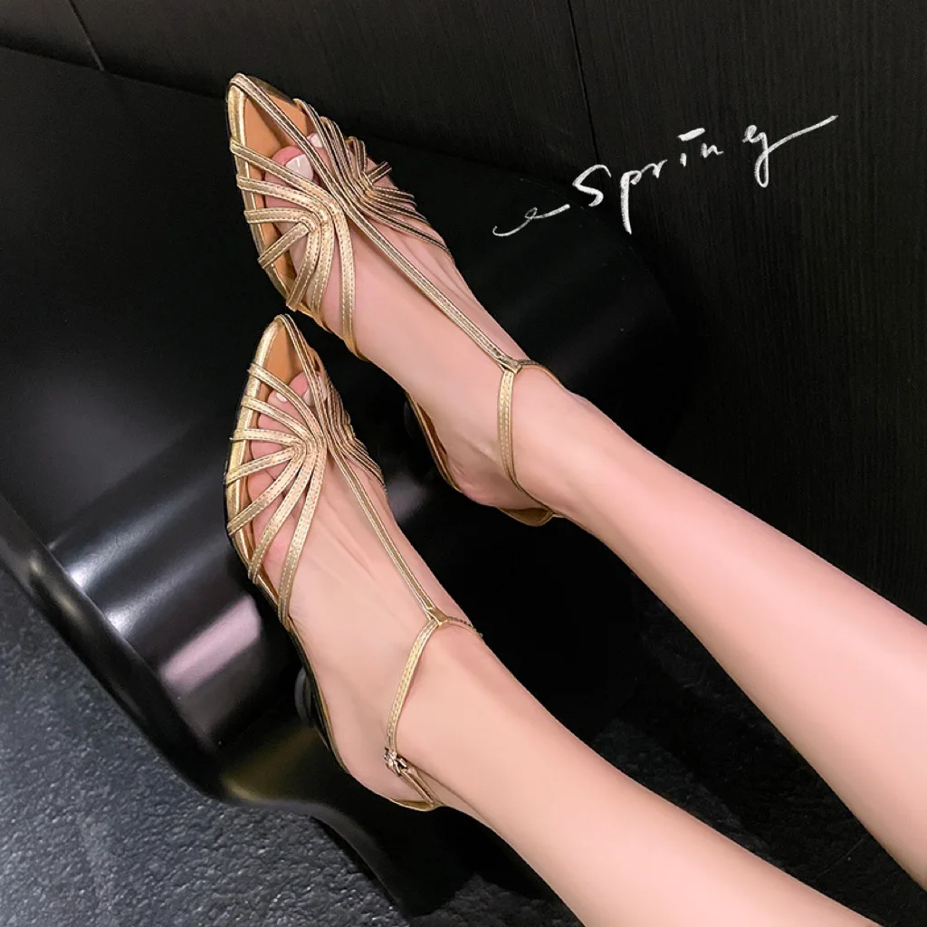 Simple Sandals Women Shoes Narrow Band Sexy Sandals Strange Heels Pointed Toe Ladies Concise Footwear Summer Gold Silver Shoes