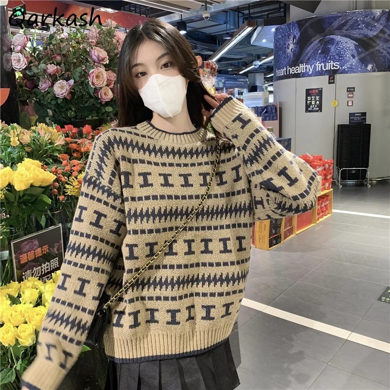 

Brown Vintage Striped Pullovers Women Knitwear Autumn Winter BF Loose Stylish All-match Slouchy Casual Outwears Harajuku Thermal