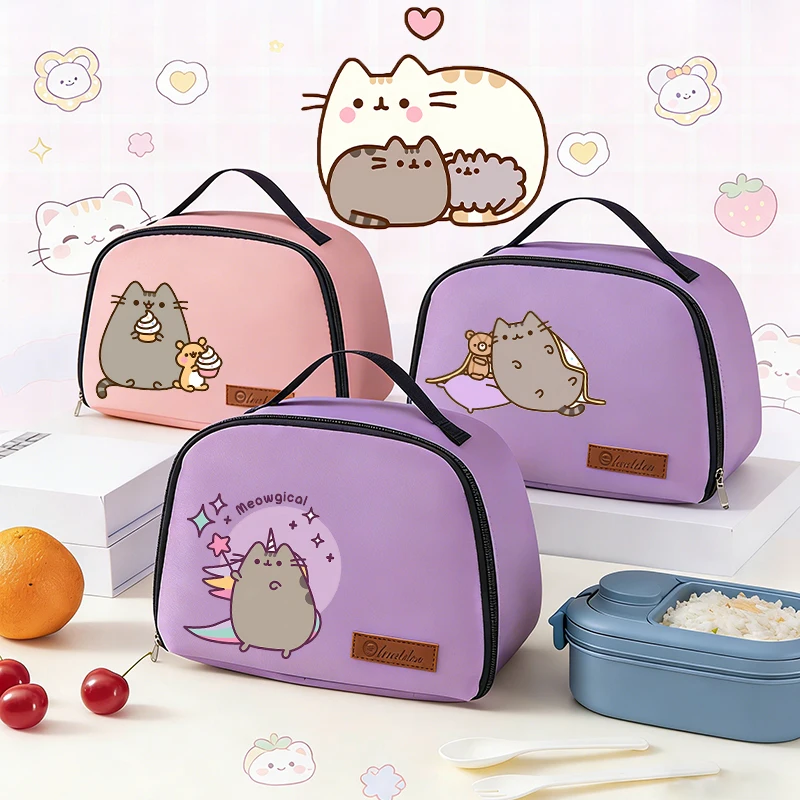 

Cute Pusheens Lunch Bag Kid Girl Student Back School Kawaii Anime Bento Lunch Case Aluminum Foil Thermal Insulation Hand ToteBag