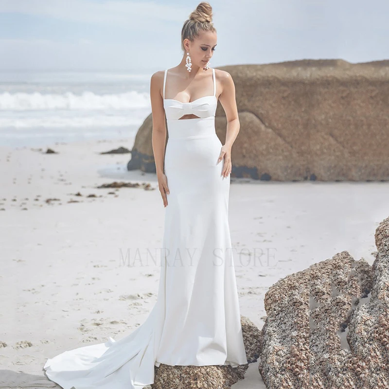 

MANRAY 2023 New Spaghetti Straps Beach Mermaid Wedding Dresses Ivory Backless Bride Dress Bohemian Sleeveless Bow Bridal Gown