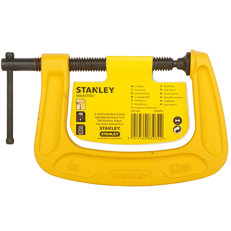 Stanley 0-83-034 G-type Clamp Max Steel, Black/Yellow Woodworking Quick Fixture 0~100mm T-shaped Rotary Handle 83-034-23