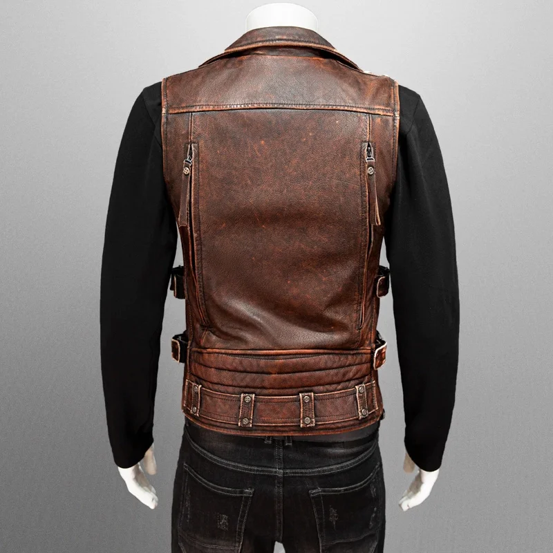 Red Brown Spring Leather Vest Men Vintage Punk Style Plus Size 5XL Natural Cowhide Slim Fit Short Genuine Leather Vest