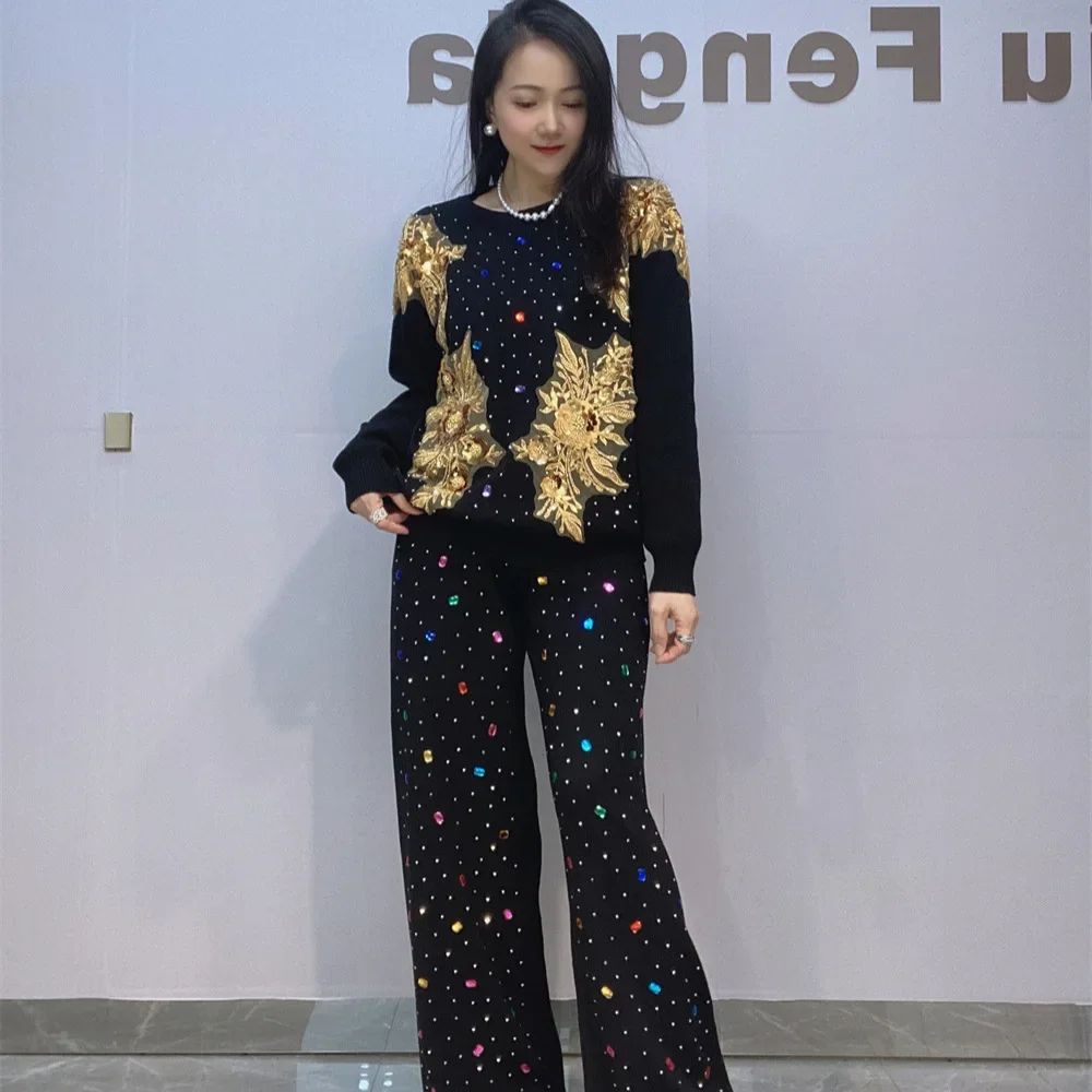 Colorful Diamonds Two Piece Sets Womens Outifits Sequins Embroidery Autumn Clothes Casual Tracksuit Ensemble Femme 2 Pièces