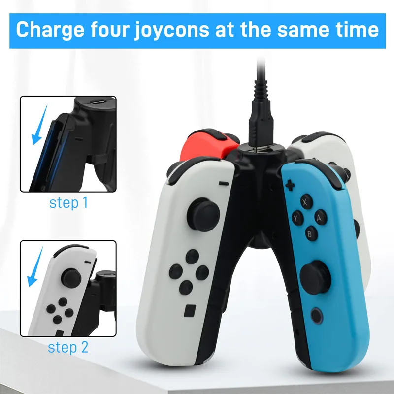 4 in 1 Joycon Charger Grip for Switch/Switch OLED Controller Charger LED Indicator Charging Dock Station Handle Grip