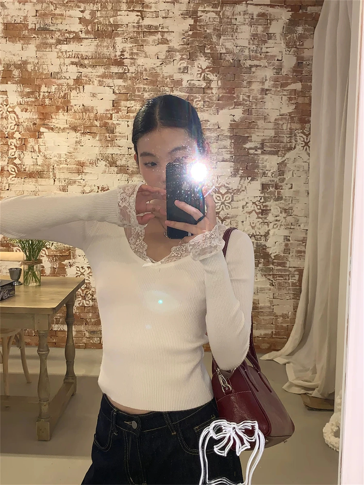 Y2K Coquette Lace Trim V Neck Bow Ribbed Knit Long Sleeve Top Women Slim Fit Cropped Casual Streetwear Ladies Blouse