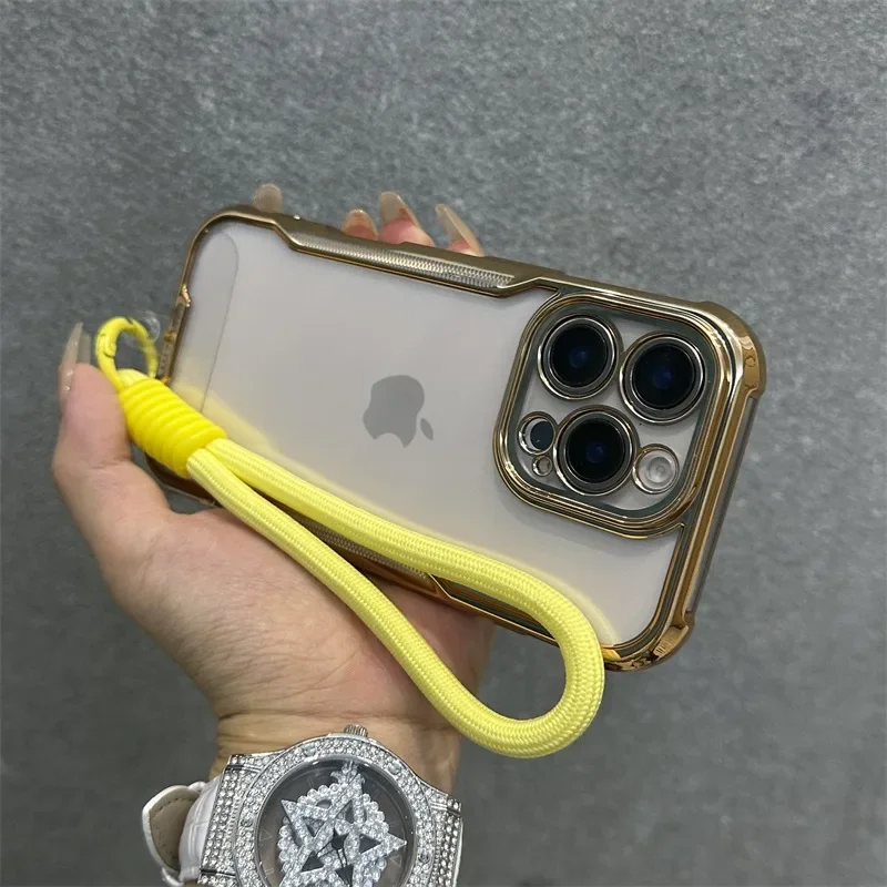 Luxury Plating Transparent WristStrap Case For iPhone 16 15 14 13 12 Pro Max Plus 11 Camera Protection Clear Cover With Lanyard