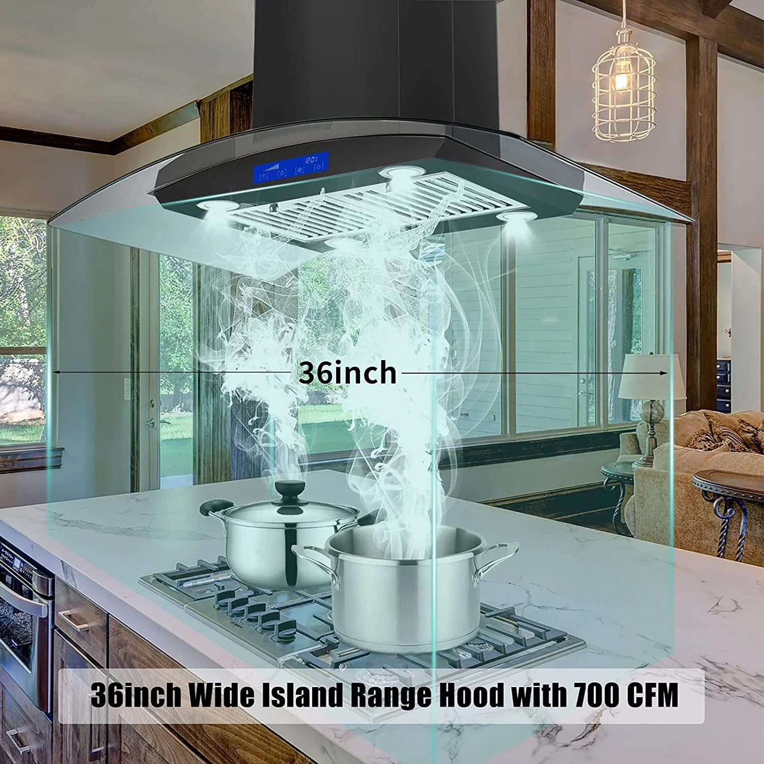 Tieasy 36 inch 700CFM Island Mount Touch Panel 3 Speed Fan Permanent Filters with LED Lights Kitchen Range Hood USGI0290BPB