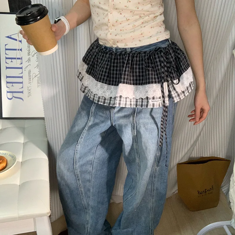 

Корейская женская мини-юбка Y2K с кружевом и оборками, в клетку, с высокой талией, в стиле Харадзюку, плиссированная, для девочек, уличная мода, юбка-штора