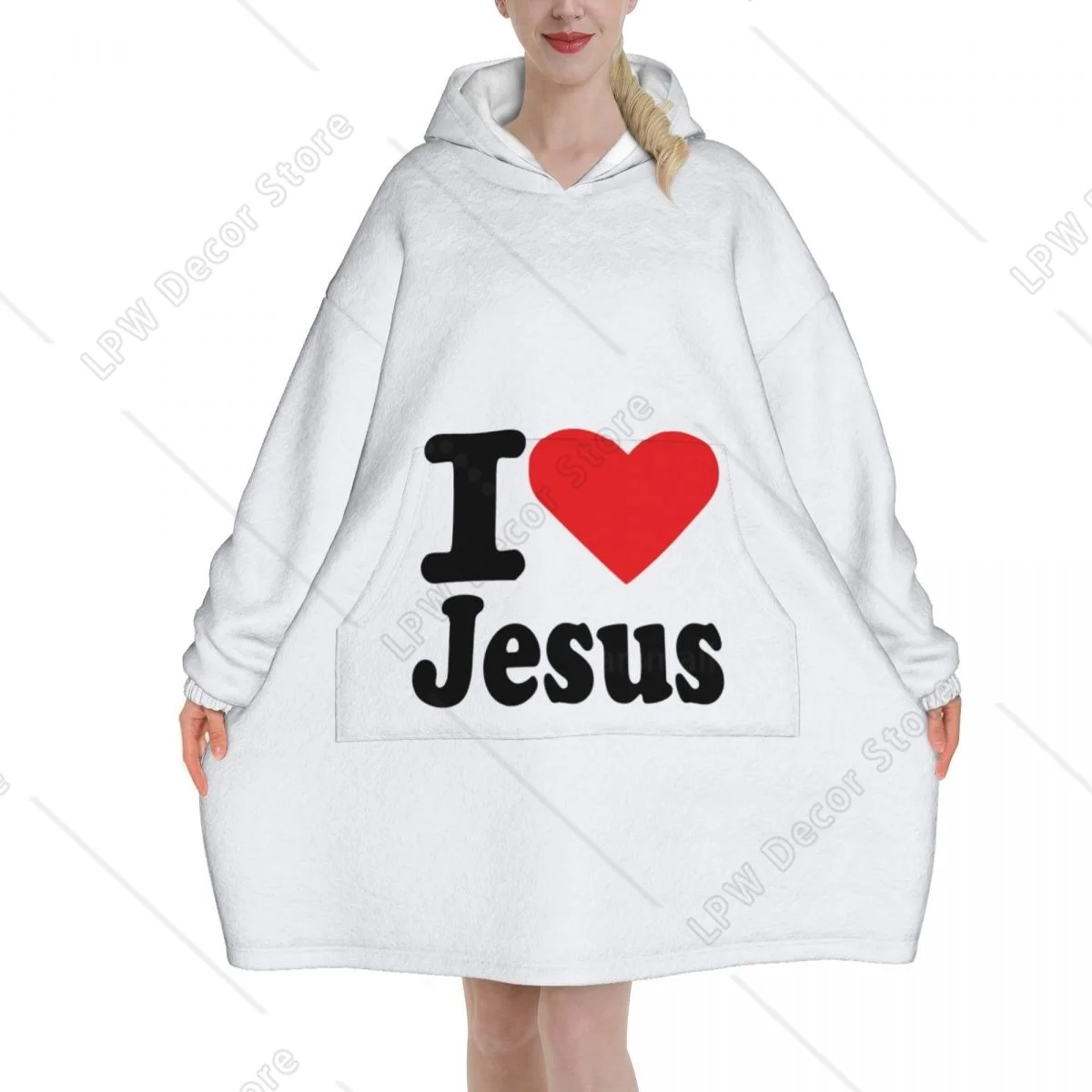 I Love Jesus Wearable Flannel Blanket Hoodie Oversized Hooded Blanket Pullover Sweatshirt Fleece Sherpa Blankets with Pockets