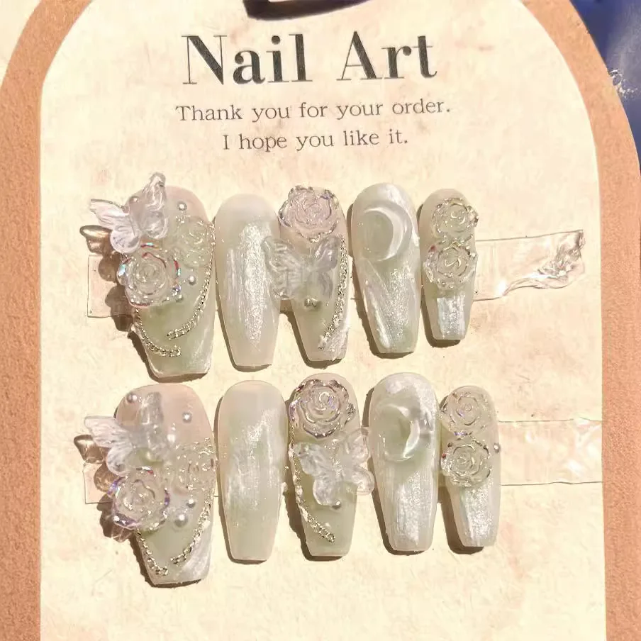 Press On Nails Handmake Gentle Sweet Light Green Transparent Camellia Butterfly Moon Fake Nail Patches Removable and Reusable