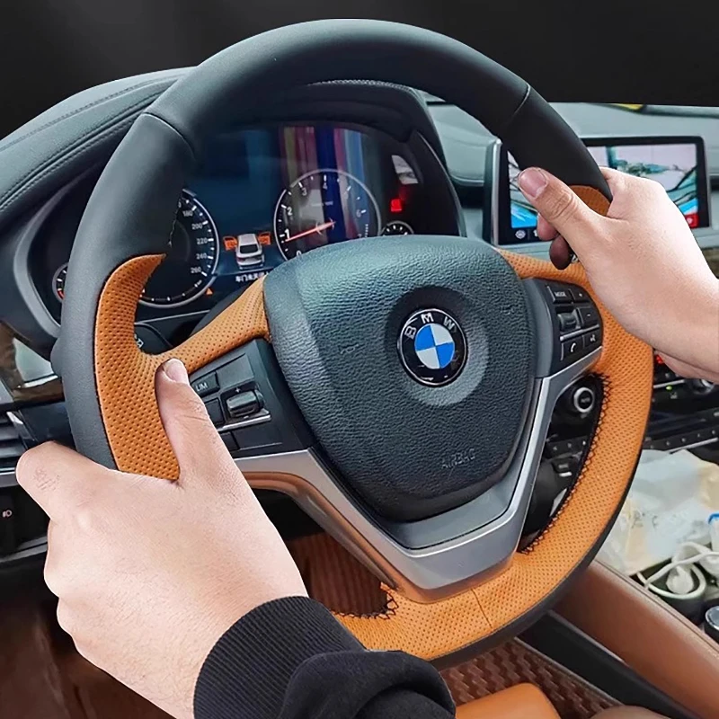 

For BMW 5 Series F20 F21 F22 F23 F30 F31 X1 X3 X5 X6 Hand Stitched Genuine Leather sporty style Car Steering Wheel Cover