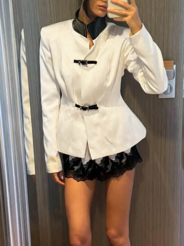 Laur 2026 New Women Contrast Leather Stand Collar Metal Buckle Waist Cinched Tailored Blazer Solid White Slim Elegant Outerwear - view 6