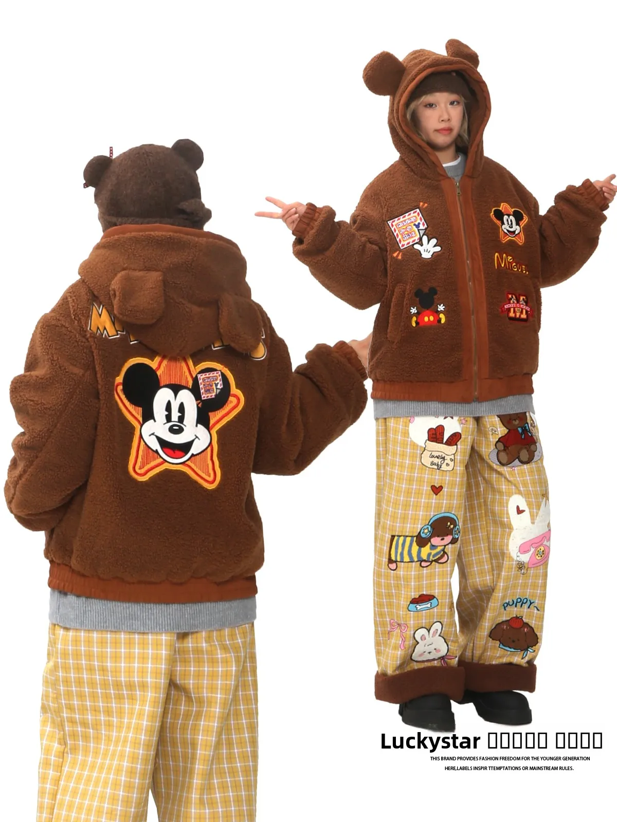 

Thiened American Retro Lamb Fur Miey Embroidery Hooded Cotton Jaet Couple Winter College Sle Warm Outerwear for Men A...