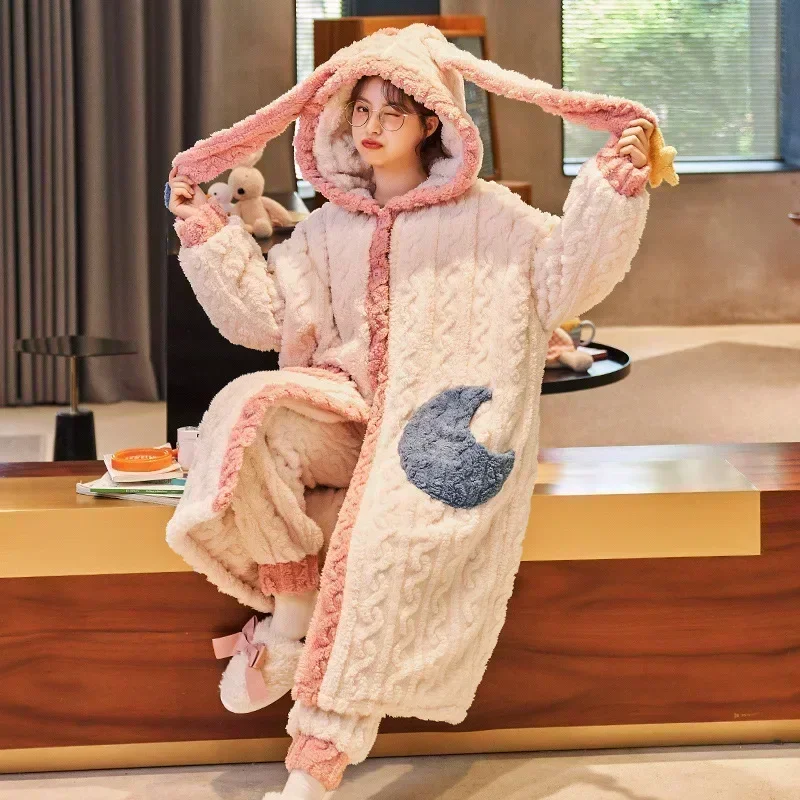 2024 Thick Winter Pajamas For Women Cartoon Sleepwear Robe Pants Set Jacquard Weave Bath Robe Homewear PJ Sets Flannel Kawaii