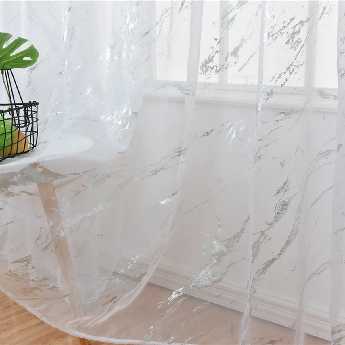 

1Pcs Marble Texture Bronzing Sheer Curtain Silver 100x200cm Delicate Polyester Decorative Window Screening Half Shading Tulle