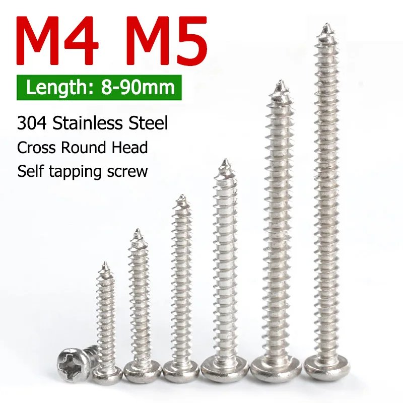 

10-50pcs M4 M5 Cross Phillips Round Head Screws Self-tapping screw 304 Stainless Steel PA Belt Pan Head Screw Bolt Length 8-90mm