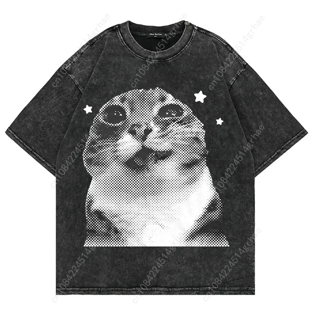 100% Cotton Vintage Washed Y2k Funny Cat Meme T Shirt Fashion Men/Women Aesthetic Graphic Oversize Loose Acid Wash Tees Shirts view 4