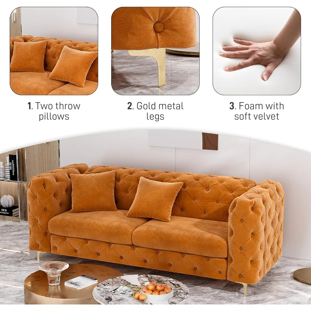 أريكة أريكة مقاس 75 بوصة في منتصف القرن أريكة مخملية حديثة معنقدة بأزرار أريكة مسند ذراع عالي وأرجل ذهبية معدنية ديكور تشيسترفيلد الفاخر مع #4