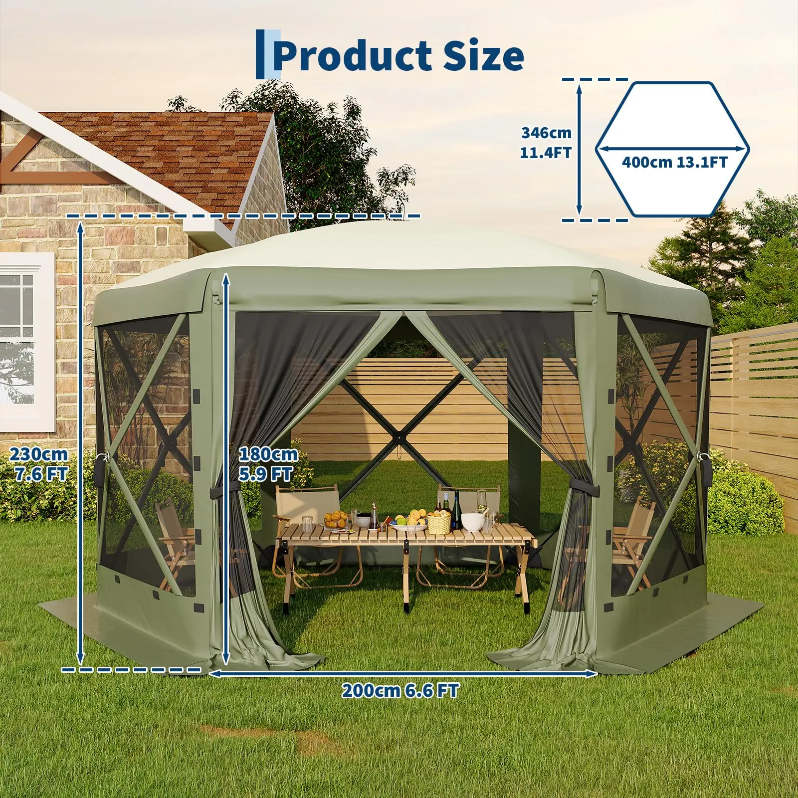 Quick Pop-Up Screen Gazebo Canopy Tent, 13x13 FT 6-Sided, UV50+ Sun Shelter with Mosquito Netting, 2 Doors, 6 Removable Wind/Privacy Panels, Carry Bag