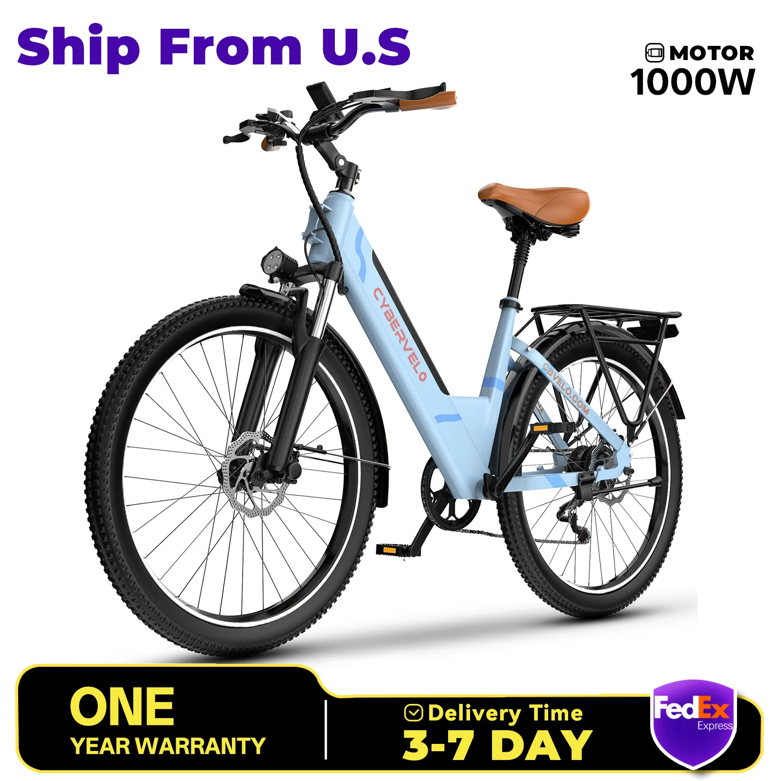 Cybervelo EK2 Lady EBike, Motor Peak 1000W, Bicicleta eléctrica con batería extraíble de 48v, Largo alcance 60+ millas, Bicicleta eléctrica para viajeros de 26 pulgadas