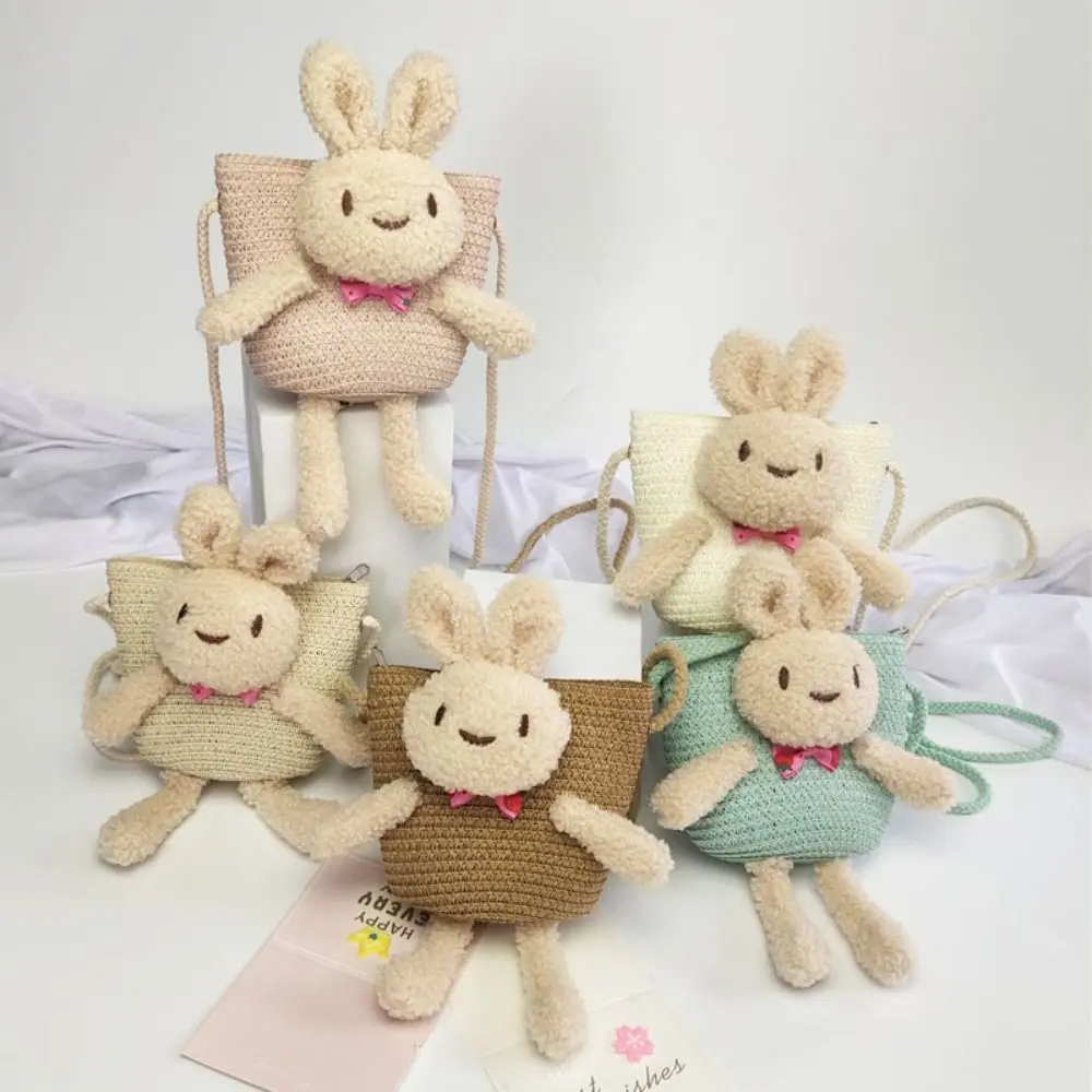 Cartoon Rabbit Girl Straw Bag Summer Zipper Coin Purse Kid Messenger Bags Photo Props Handmade Woven Storage Basket