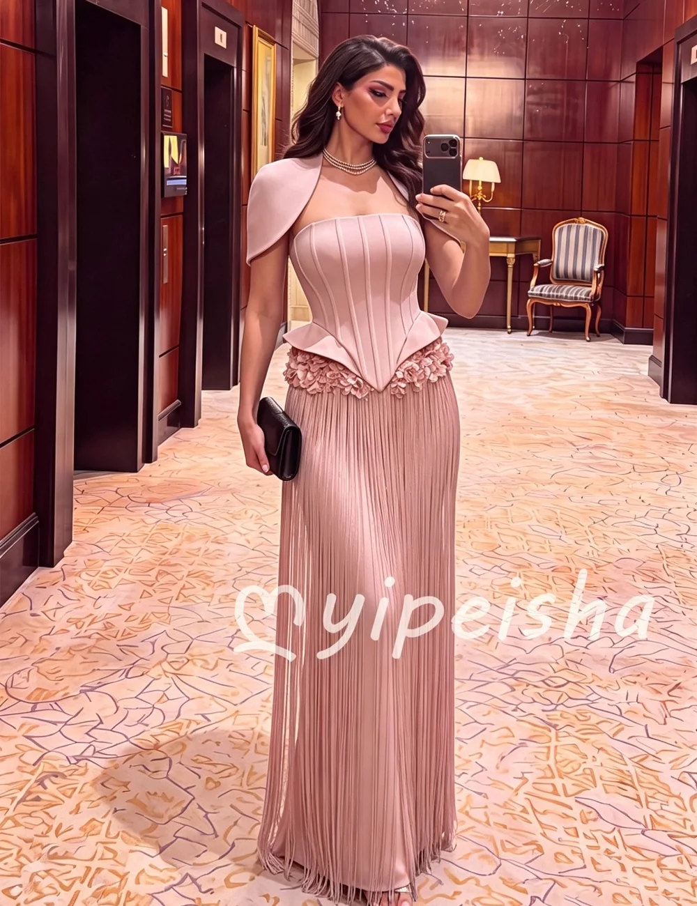Pink Luxury Charming Jersey Pleat Flower Tassel Mermaid Strapless Floor-Length Women's Evening Dresses for Banquet Customized