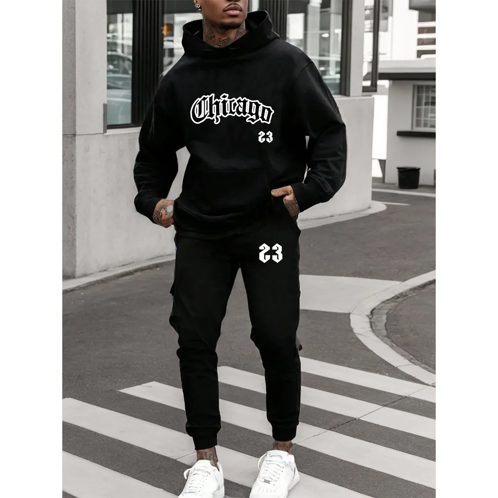 Boston Print Hoodies Pants Suit Autumn Winter Fleece Casual Tracksuit Set Streetwear Men's Women's Loose Sports Hooded Pullovers