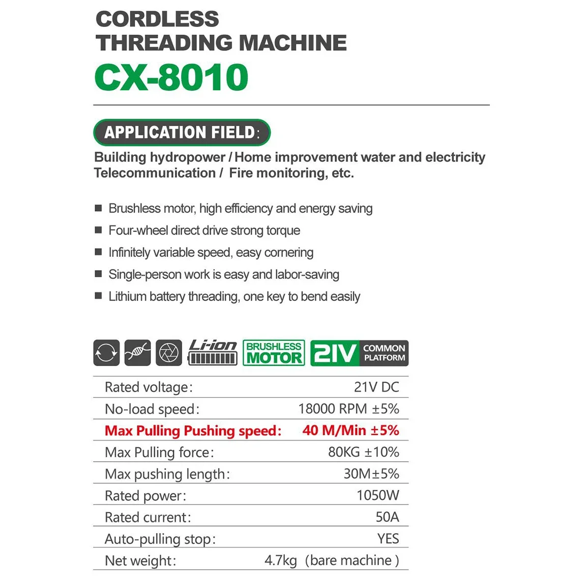 Cordless elétrica Brushless Lithium Threading Machine, Extrator automático, através de parede fio, amarrando fio, Cable Deitado, 30m