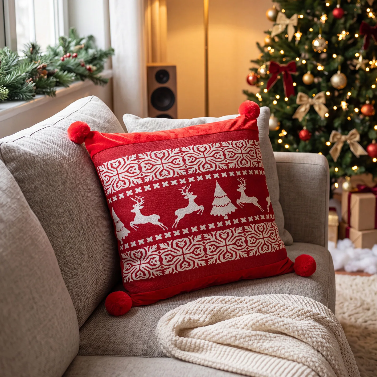 Weihnachtsroter Jacquard-Kissenbezug mit Cartoon-Elch- und Schneeflocken-Motiv, Plüsch-Sofadekoration, Kissenbezüge 45x45cm – Detail 8