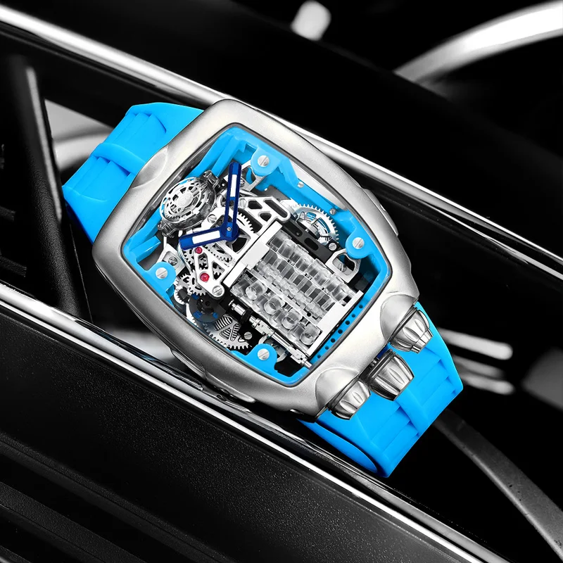 PINDU Men Automatic Watch 50mm Luxury Sports Car Exterior Design Mechanical Wristwatch Fashion Luminous Waterproof Skeleton NH05