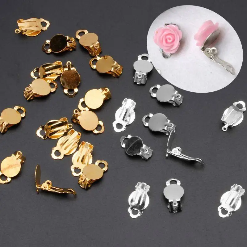 A52E 50Pieces/set Round Flat Tray Earring Clip for Jewelry Making Craft Non Piercing Ear Gold Silver Color DIY Earring Making