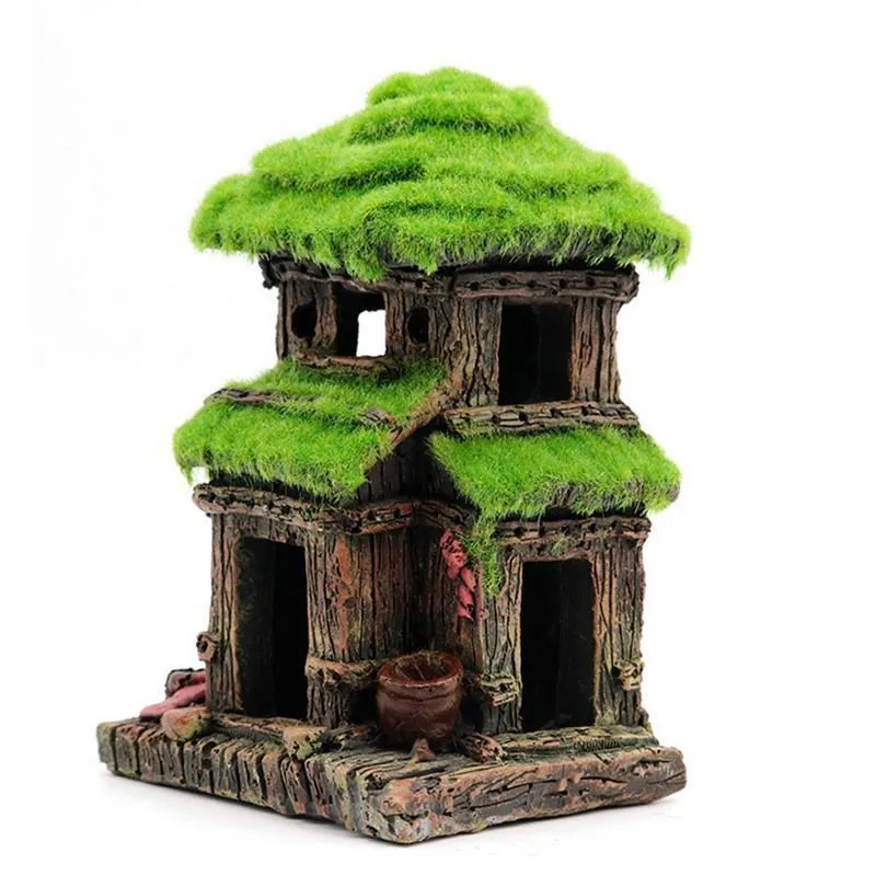 Resin Hollow House Ancient Building Staircase Fish Tank Decoration Fish Shrimp Breeding Hideout Cave Landscaping Ornament