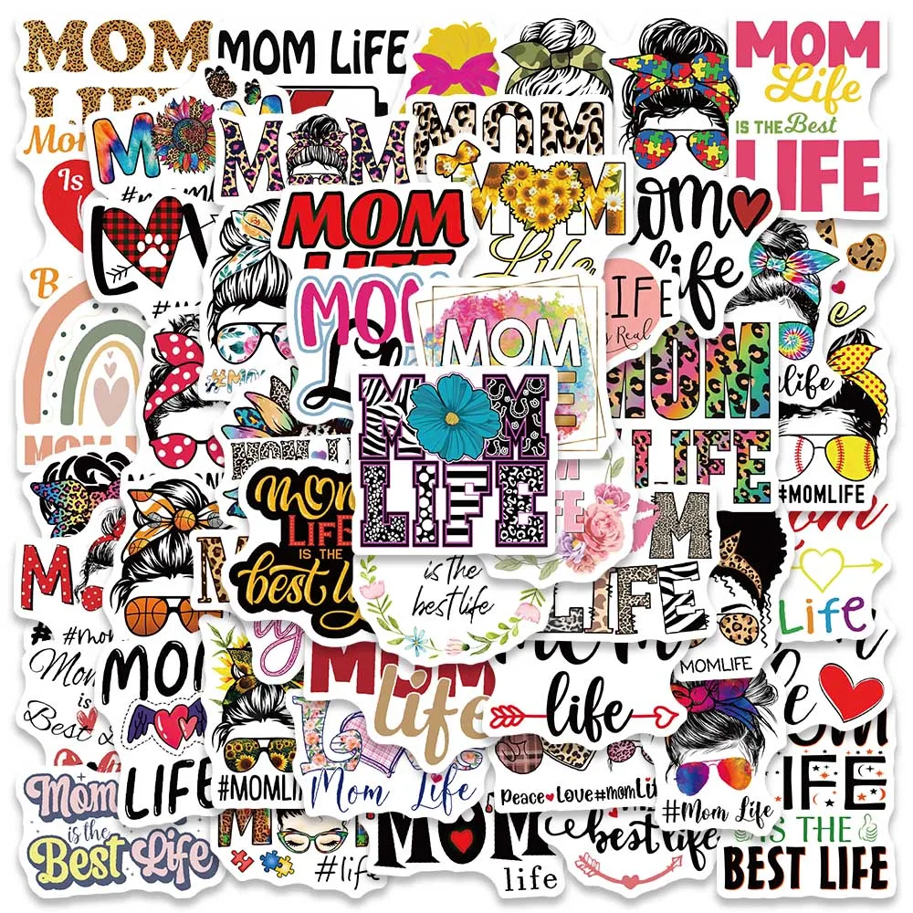 50pcs Cool Cartoon Mom Life Stickers Vinyl Laptop Phone Decals For Luggage Guitar Fridge Waterproof Graffiti