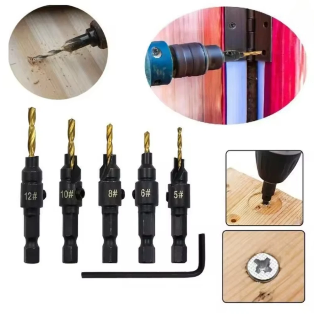 

5 шт. столярное сверло с зенковкой для повышенной твердости, подходит для нескольких моделей электрических дрелей с шестигранным хвостовиком