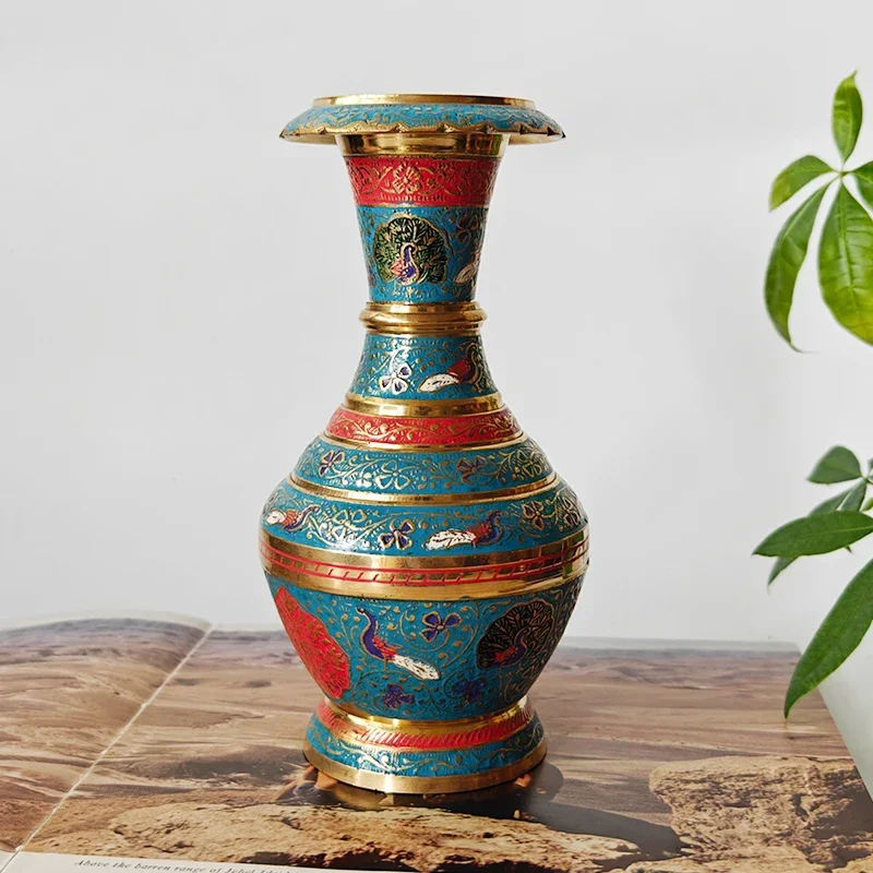 Indian Painted Copper Vase Ornament Light Luxury High-end Retro Flower Arrangement Living Room Study Entrance Desktop Decoration