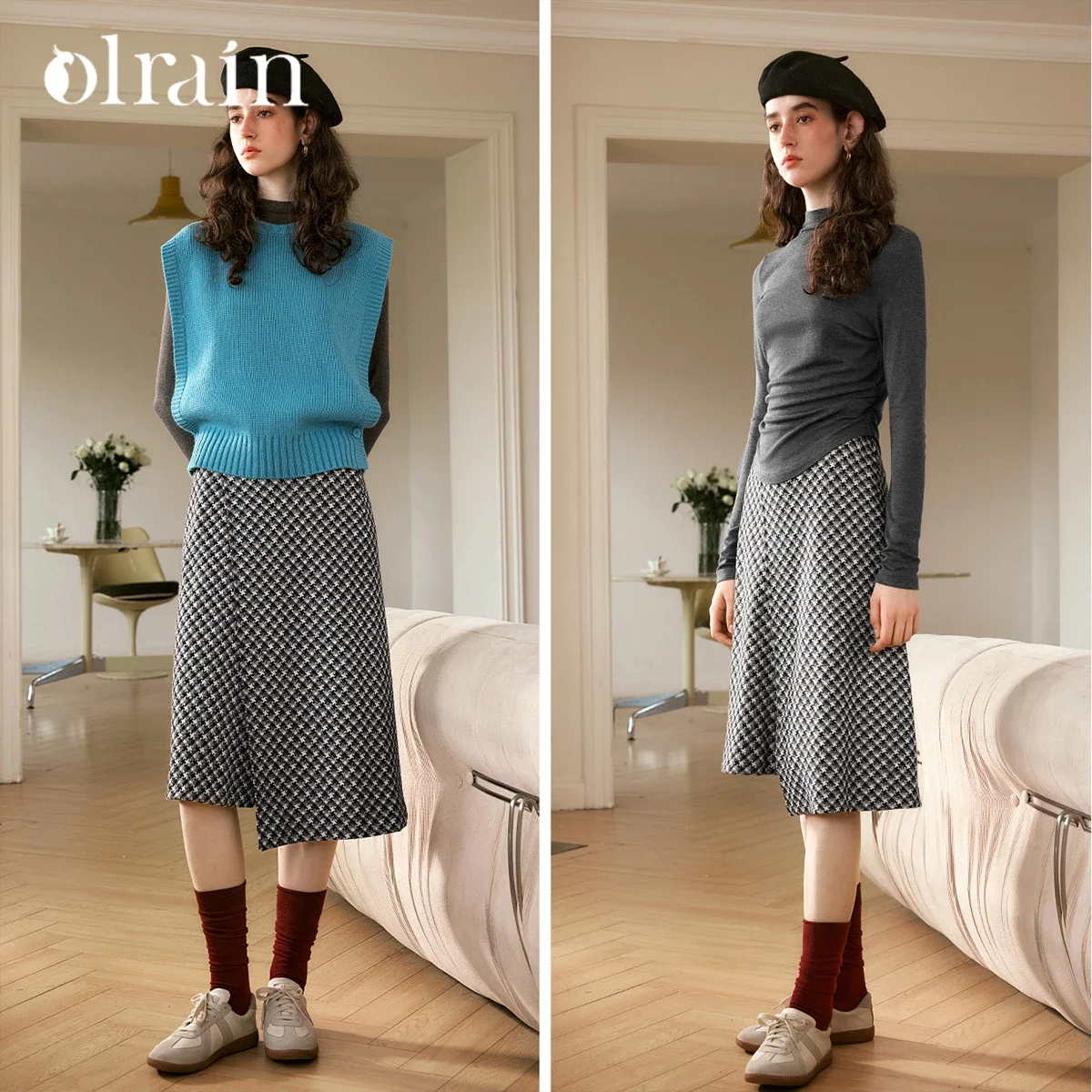 OLrain Karierte Bleistiftröcke für Damen, 2025, Herbst, französischer Stil, A-Linie, unregelmäßig, hohe Taille, eleganter mittellanger Rock N56QB95001