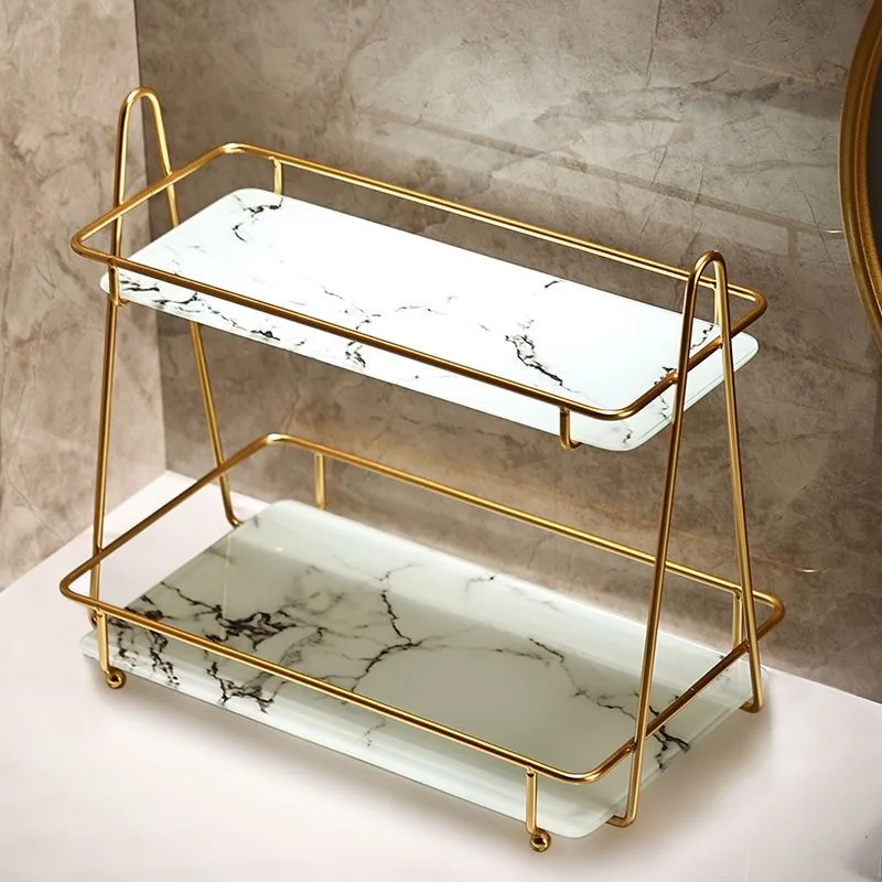 Storage Shelf Stackable Makeup Organizer Bathroom Rack With Marble Texture Removable Base Large Storage Capacity