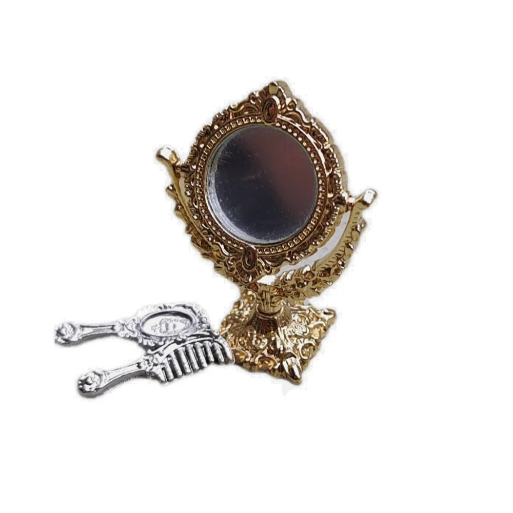 Gloden Frames Dollhouse Dressing mirror Accessories Round Oval Heart Retro Miniature Mirror Dollhouse Ornament Mini Mirror