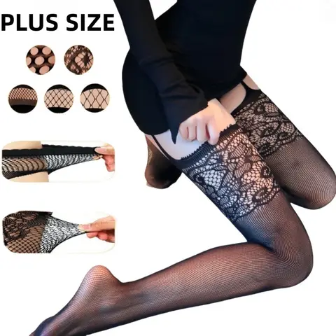 Large Plus Size High Waist sexxy Garter Fishnet Black Stockings Tights Open Crotchless Body Suit Pantyhose for Oversized Woman XL