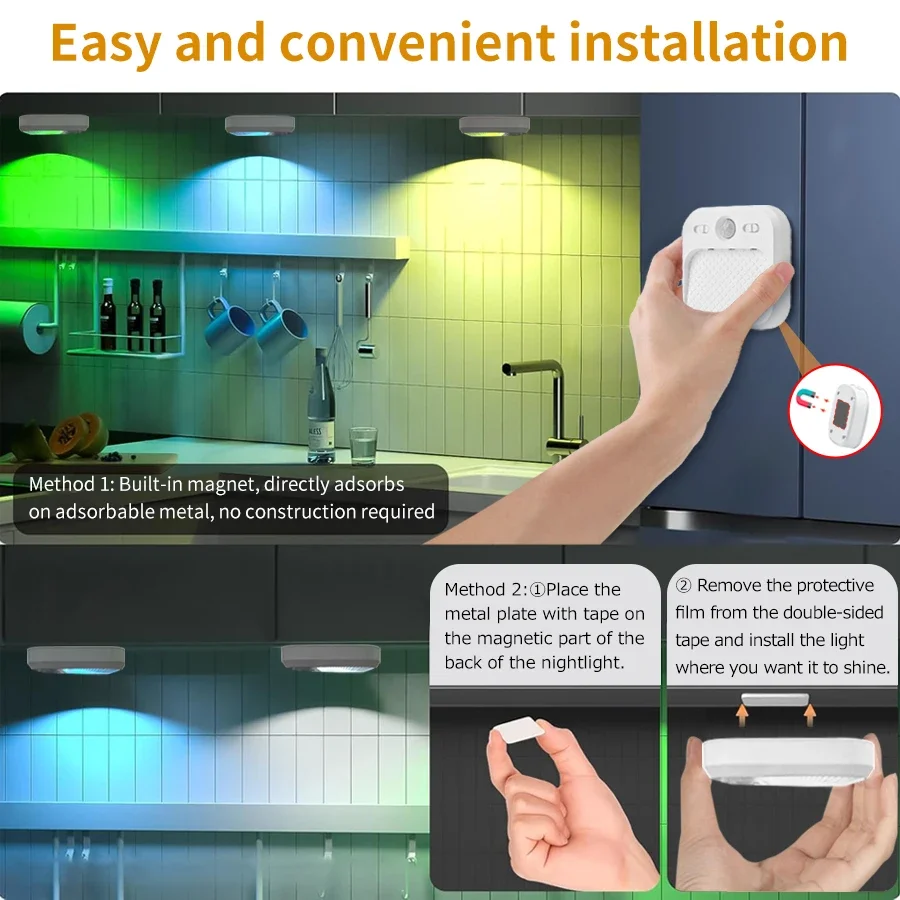 1-4 Pack Led Night Light with Motion Sensor Rechargeable Magnet Dimmable White RGB Wireless Wall Lamp for Stairs Cabinet Hallway