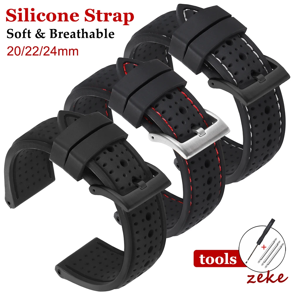 20mm 22mm 24mm Soft Silicone Rubber Watch Strap Men Women Sport Waterproof Breathable Wrist Band Matte Black Buckle Bracelets