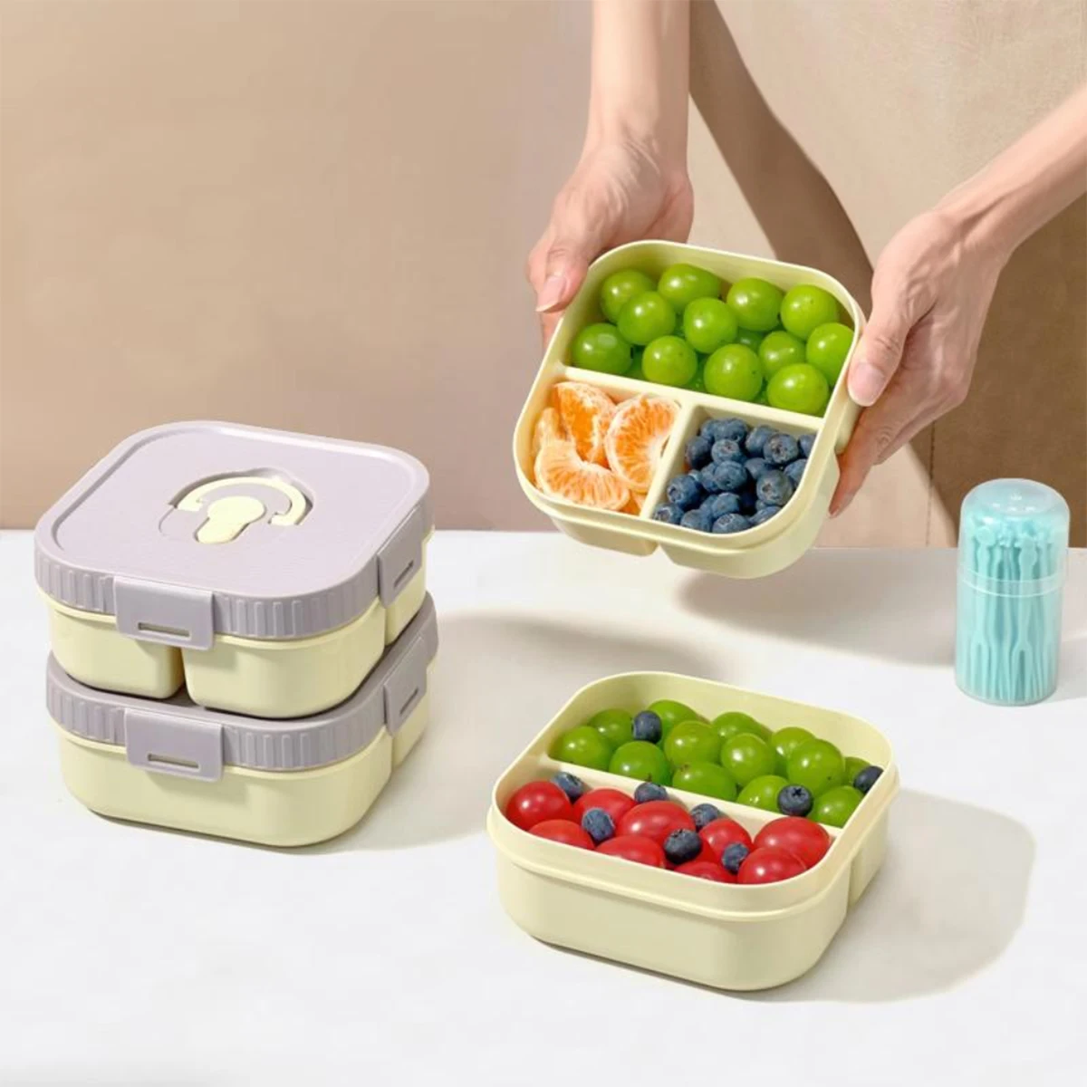 WORTHBUY Tragbare Kunststoff-Lunchbox mit Fach, mikrowellengeeignet, Obstsalat-Lunchbehälter, für Kinder, Studenten, auslaufsichere Bento-Box – Detail 2
